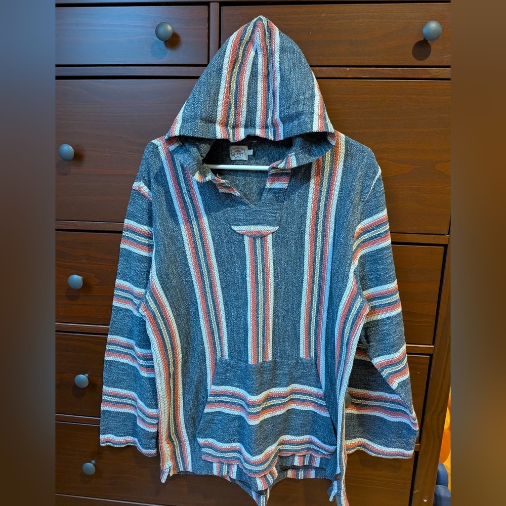 Faherty Men's Baja Beach Hoodie Strip Sz L Gray White Red